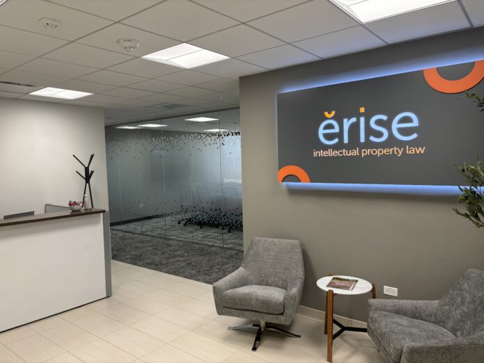 Erise IP’s reception room in its new office in Downtown Denver, including Erise IP’s logo.