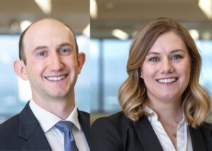 Max John on the left smiles in a headshot photo wearing a navy suit jacket and blue tie. Shaye Maetzold Anderson on the right smiles in a headshot photo wearing a navy suit jacket.