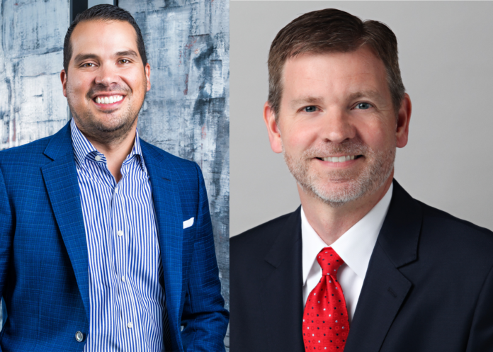 Headshots Fennemore CEO James Goodnow on the left in a blue suit jacket with a piece of modern art behind him and Fennemore Forward managing director Chris Wilson in a navy suit jacket with a red tie on the right.