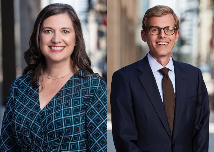 Professional photos of Kati Rothgery, who smiles towards the camera in a black and blue dress, and of Jonathan Pray, who smiles towards the camera in a navy suit jacket and brown tie.