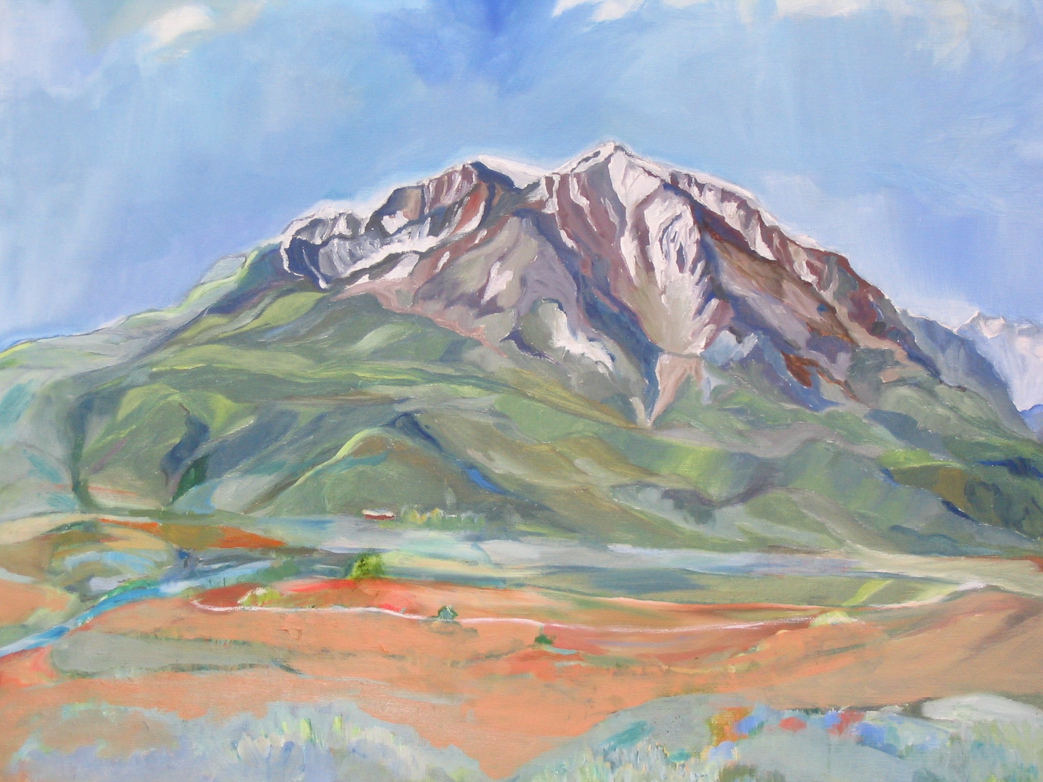 A colorful painting of a mountain with a blue sky above and green and reddish lands in the foreground. Clouds high in the sky trickle light down to the peaks below, giving the mountain the appearance of a halo.